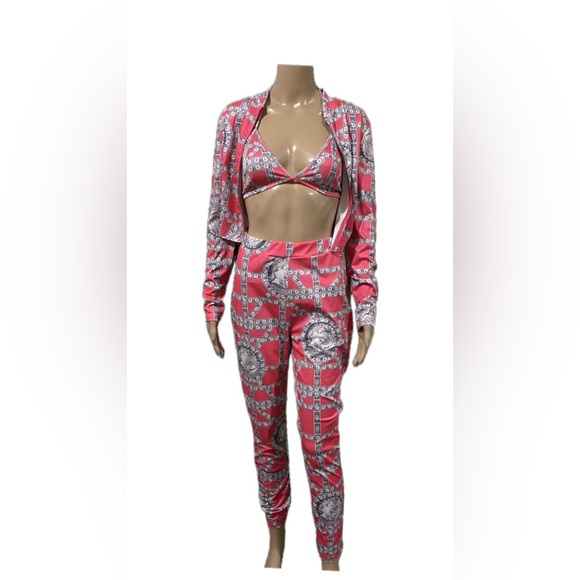 Pants - Pink and Grey Money Patterned Three-Piece Leggings Set